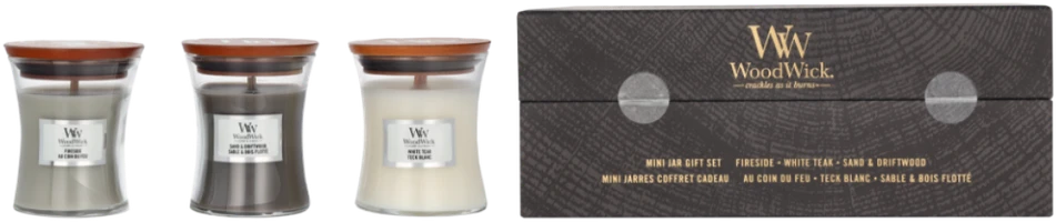 WoodWick Aromatinių žvakių rinkinys (Fireside, White Teak, Sand & Driftwood), 3 x 85 g
