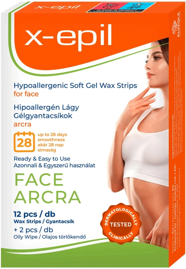 X-Epil Hypoallergenic Silky Finish Hair Removal Wax Strips For Face, 12 vnt.