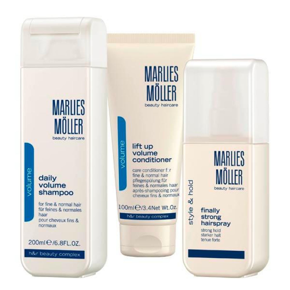 Kalėdinis rinkinys Marlies Moller: Pakeliamasis plaukų apimčiai kondicionierius, 100 ml + „Finally Strong“ plaukų lakas stipriai fiksuojamam formavimui, 125 ml + „Daily Volume“ plaukų šampūnas, 200 ml