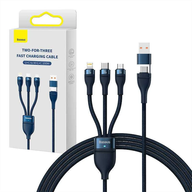Baseus Flash Series 2 3in1 USB laidas USB-C + micro USB + Lightning 100W 1.2m – Mėlynas