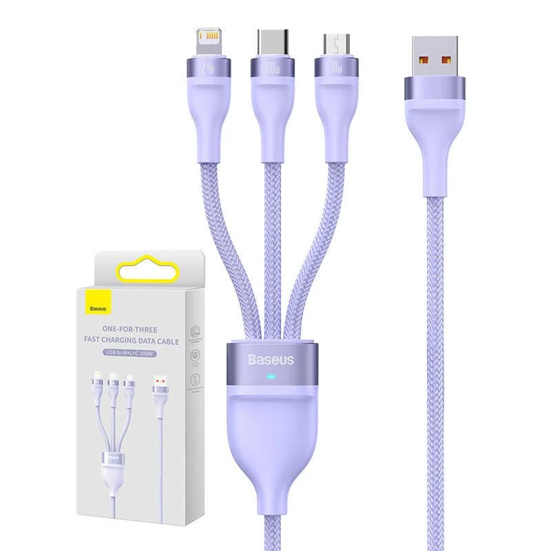 Baseus Flash Series 3 su 1-ben USB kabeliu, USB-C + mikro USB + Lightning, 100 W, 1.2 m (lila)