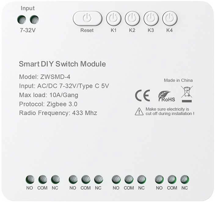 4-channel ZigBee switch module with voltage-free DC 32V contact Avatto ZWSMMD-4-32V