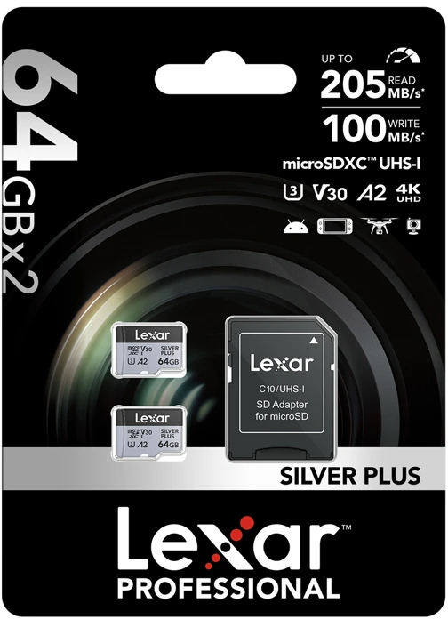 Atminties kortelė Lexar | Sidabrinis PLUS | 64 GB | Micro SDXC | Flash atminties klasė 10