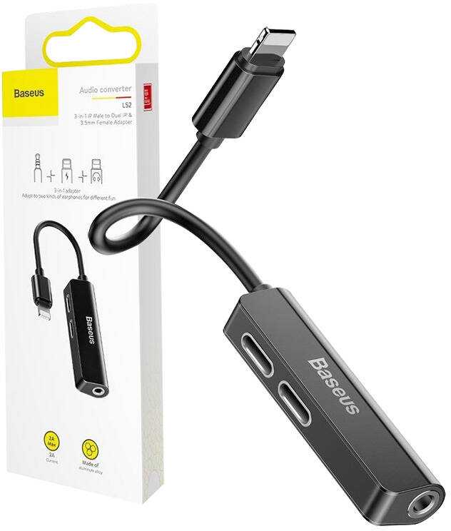 Dėklas Baseusas Baseus L52 garso adapteris iš Lightning į 3.5mm ir 2x Lightning - juodas