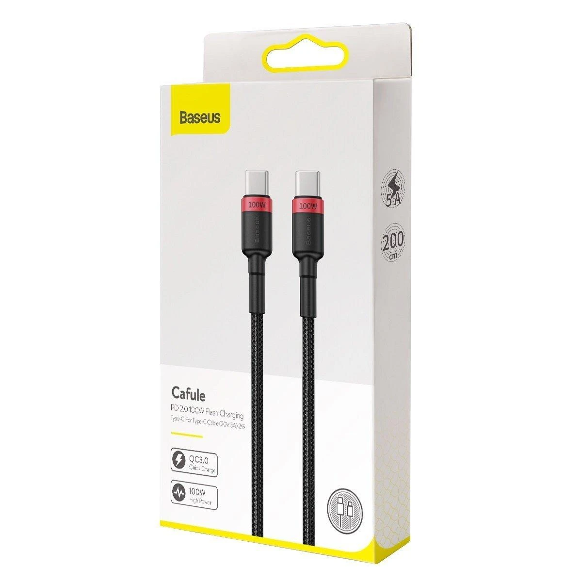 Baseus Cafule PD2.0 100W blykstė įkrovimo USB-C kabelis 20V 5A 2m - Raudonas / Juodas