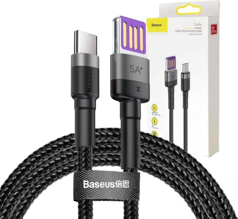 Baseus Cafule USB-C laidas Huawei SuperCharge QC 3.0 5A 1m - Juodas / Pilkas