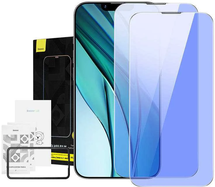 Baseus Crystal Grūdintas apsauginis stikliukas su apsauga nuo mėlynos šviesos ir apsauga nuo dulkių 0.3mm skirtas iPhone 14 Plus/13 Pro Max - 2vnt