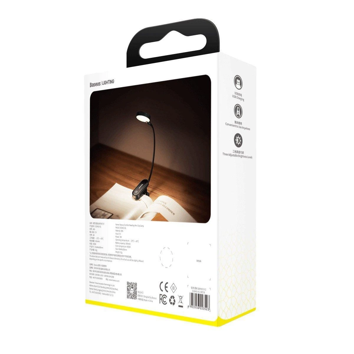 Baseus Prisegama skaitymo LED lempa, įkraunama USB, 3W, neutraliai balta