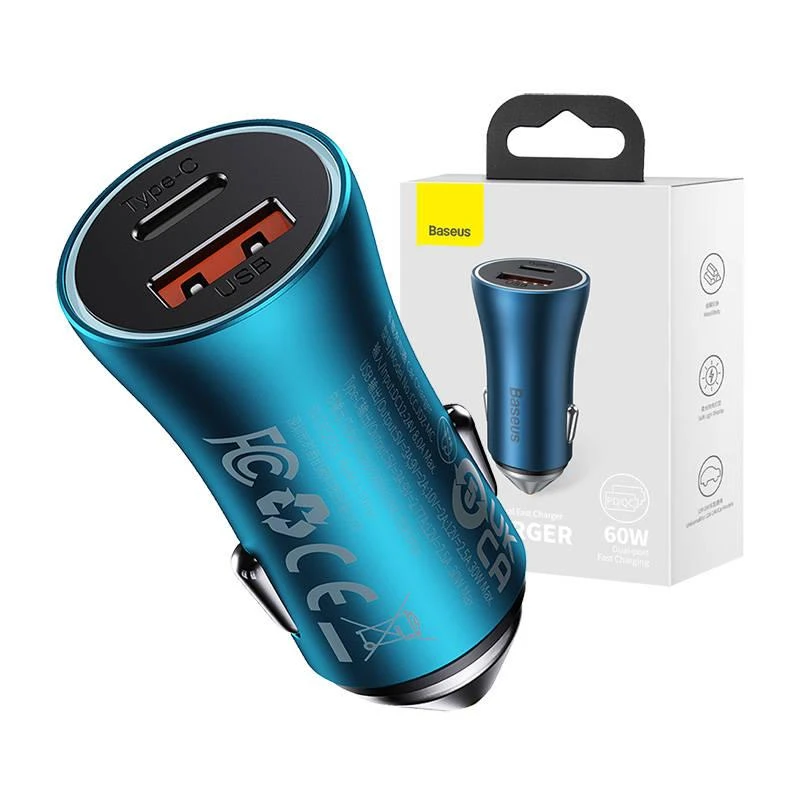 Baseus Golden Contactor Max greitasis automobilinis įkroviklis USB + C tipo USB 60 W, mėlynas (CGJM000103)