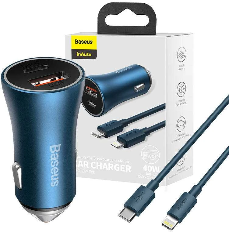 Automobilinis įkroviklis Baseus Golden Contactor Pro, USB + USB-C, QC4.0 +, PD, SCP, 40W (mėlynas) + USB-C - žaibo laidas 1m (mėlynas)