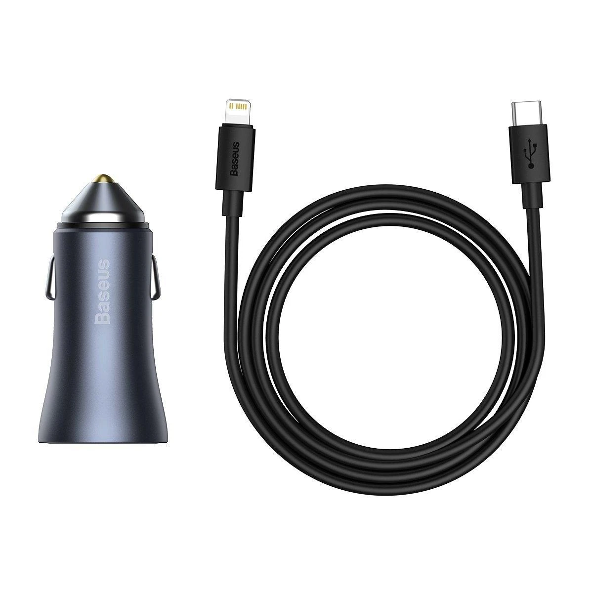 Baseus Golden Contactor Pro automobilinis įkroviklis USB + USB-C QC4.0 + PD SCP, 40W + USB-C kabelis skirtas iP 1m