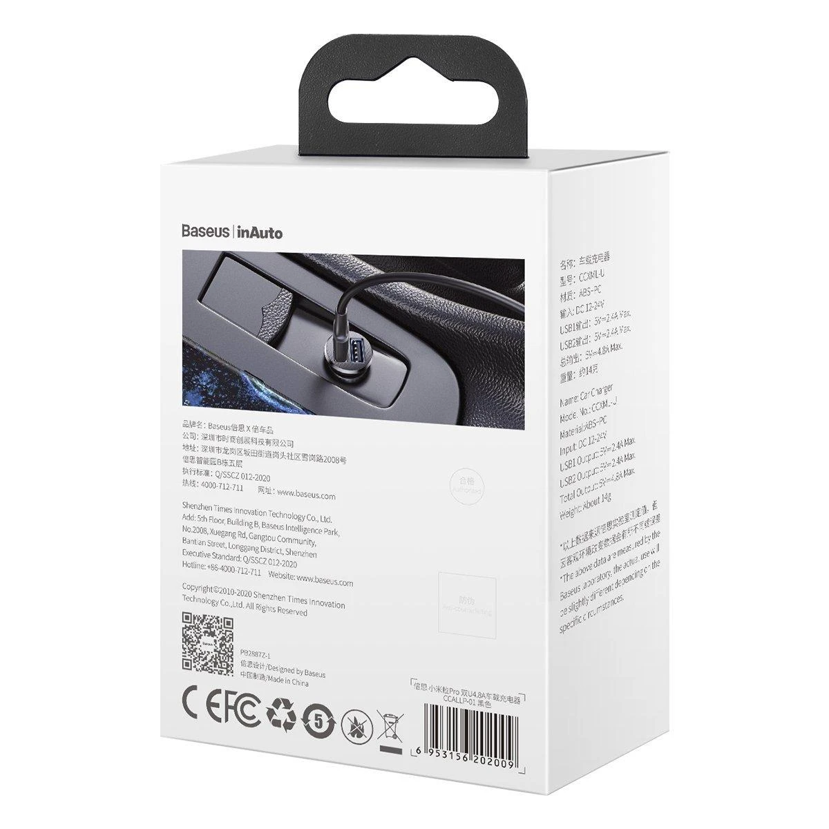 Automobilinis įkroviklis Baseus Grain Pro 2x USB 4.8A - Juodas
