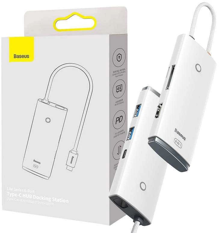 „Baseus Lite“ serijos daugiafunkcis HUB USB Type C - 2 x USB 3.0 / USB Type C PD / HDMI 1,4 / SD / TF baltas (baltas)