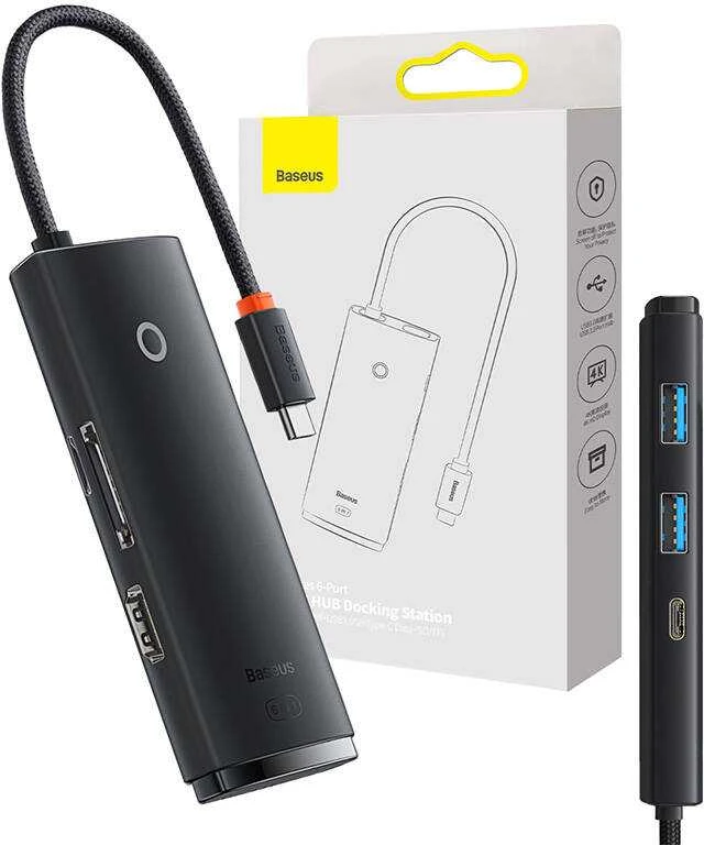 Baseus 6w1 USB-C šakotuvas su jungtimis ir pakuote