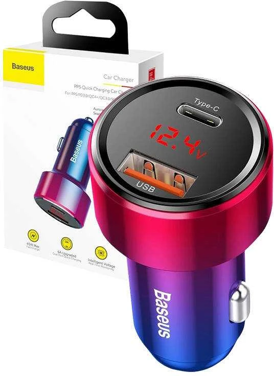 Dėklas Baseus Magic automobilinis įkroviklis USB + USB-C QC 4.0 PD 45W - Raudonas / Mėlynas