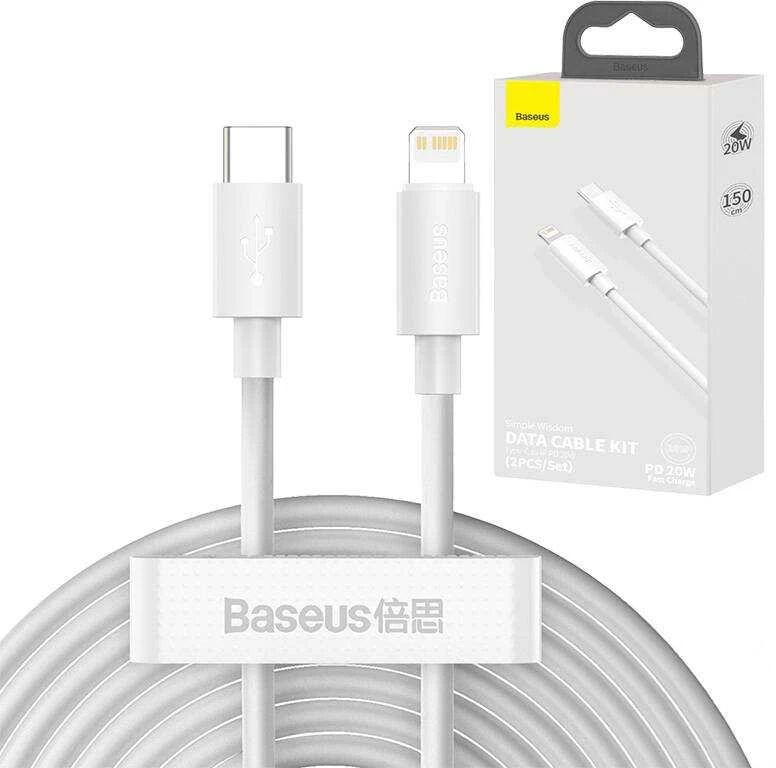 Baseus Simple Wisdom duomenų kabelio komplektas iš USB-C į Lightning PD 20W (2 Vnt), 1.5 m baltos spalvos