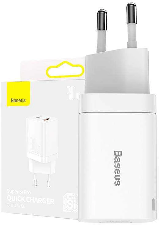 Baseus Super Si Pro įkroviklis USB + USB-C 30W - Baltas