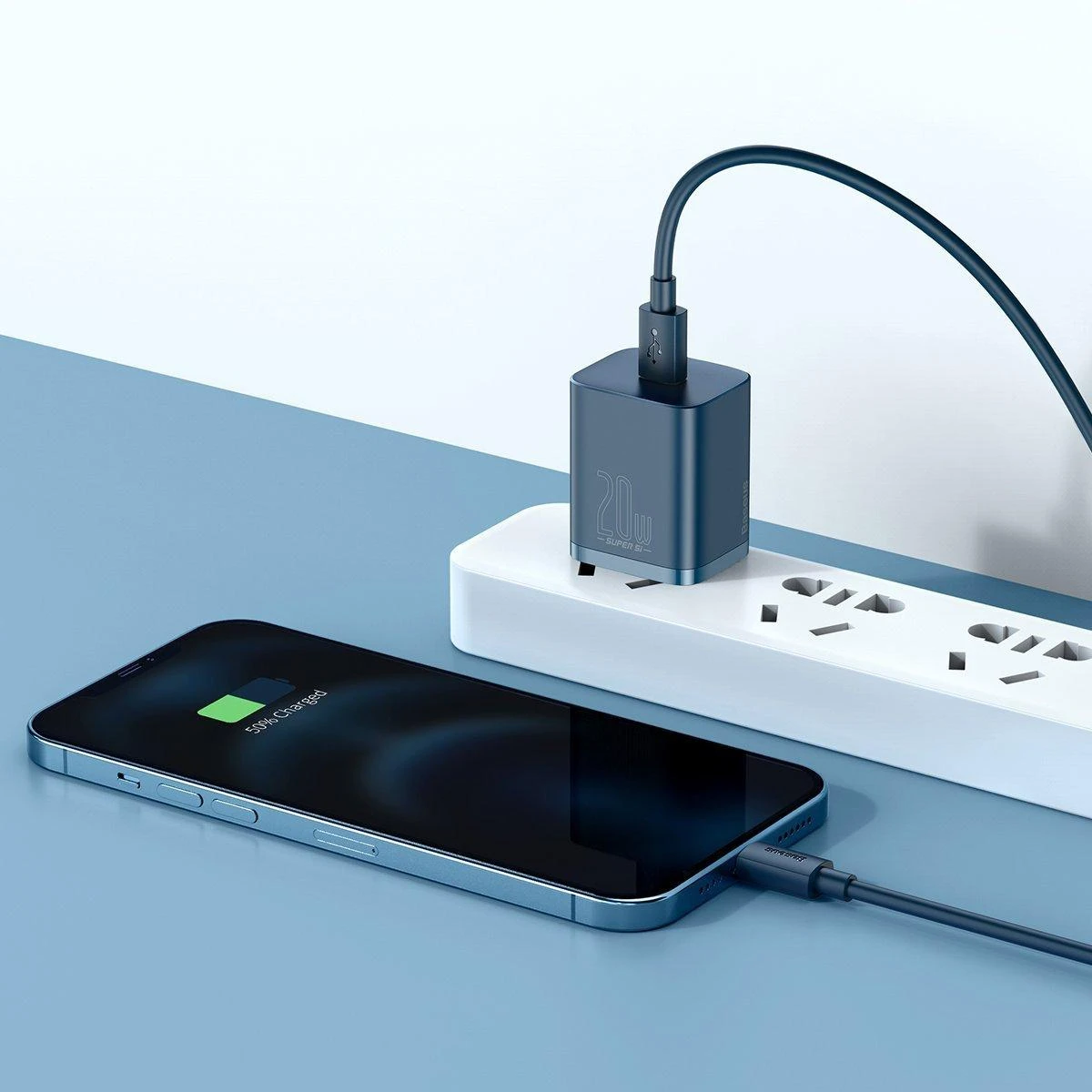 Baseus Super Si 1C 20W greitas sieninis įkroviklis su 1m USB-C - Lightning kabeliu - Mėlynas