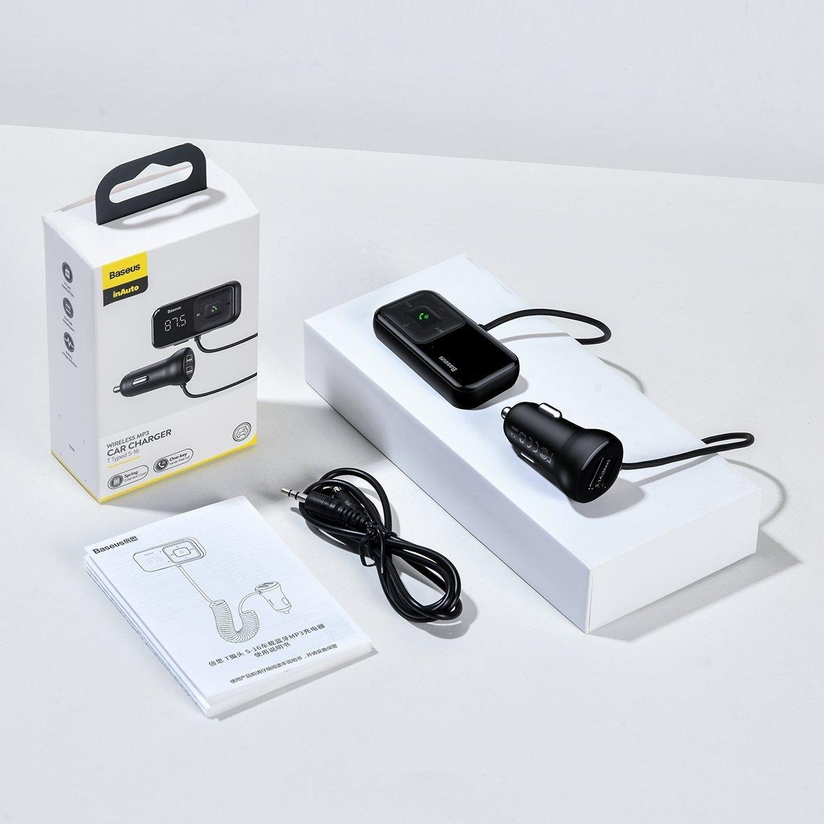 Transmiteris Baseus T-Typed S-16 Bluetooth MP3 grotuvas/FM bangų moduliatorius (laisvų rankų įranga,Micro SD,LCD,2xUSB Quick Charge 2.1A įkroviklis) juodas CCTM-D01