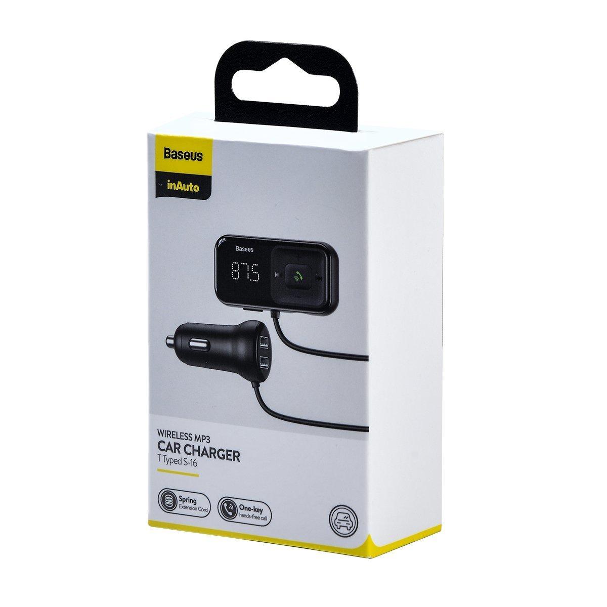 Transmiteris Baseus T-Typed S-16 Bluetooth MP3 grotuvas/FM bangų moduliatorius (laisvų rankų įranga,Micro SD,LCD,2xUSB Quick Charge 2.1A įkroviklis) juodas CCTM-D01
