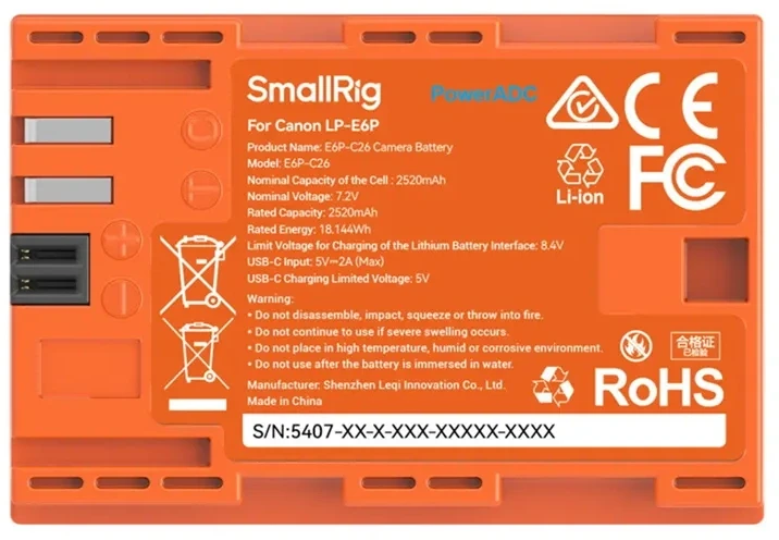 SmallRig 5407 Camera Baterija for Canon LP-E6P Oranžinis