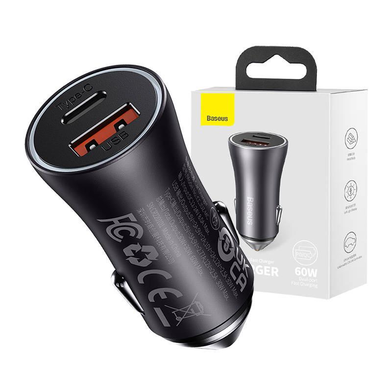 Automobilinis įkroviklis Baseus Golden Contactor Max USB + USB-C 60W - pilkas