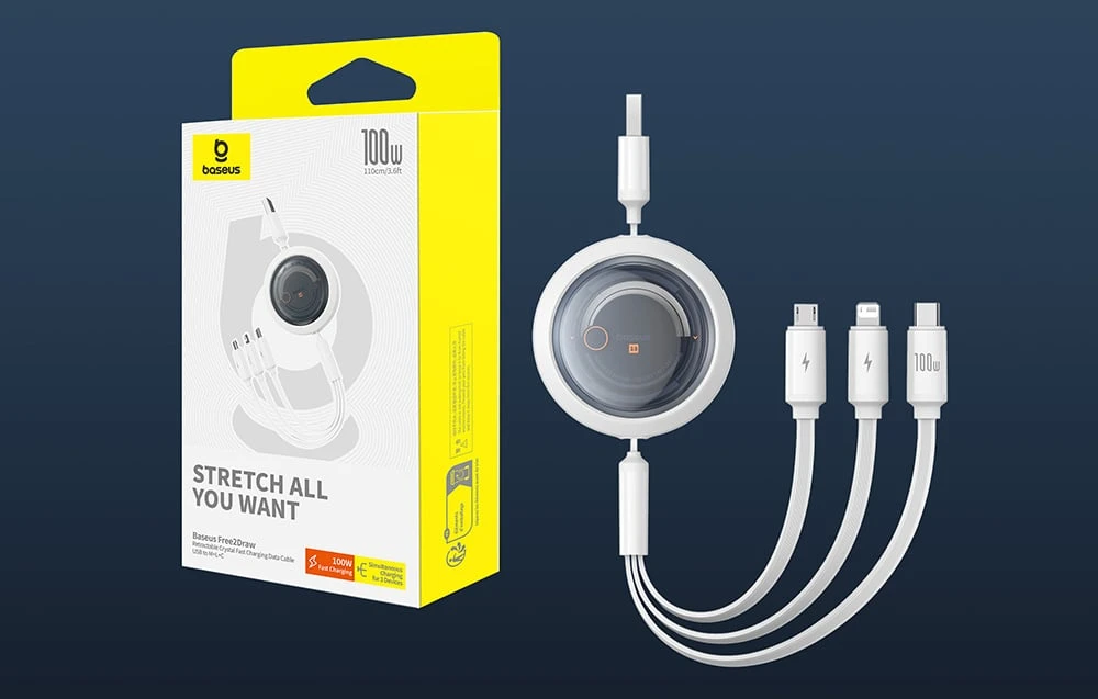 Trys viename Baseus Free2Draw USB į M+L+C 100 W laidas, 1.1 m (baltas) aprašymas - Prekės nuotrauka