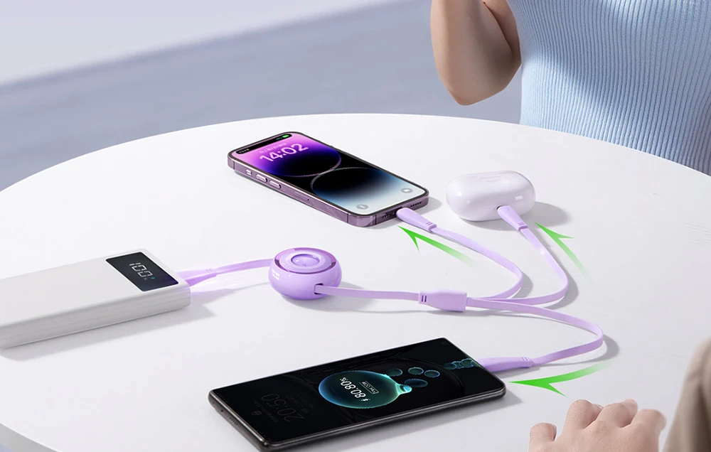 3 viename Joyroom Spalvingas USB į USB-C / Lightning / Micro USB laidas 3.5 A, 1 m (violetinė) aprašymas - Prekės nuotrauka