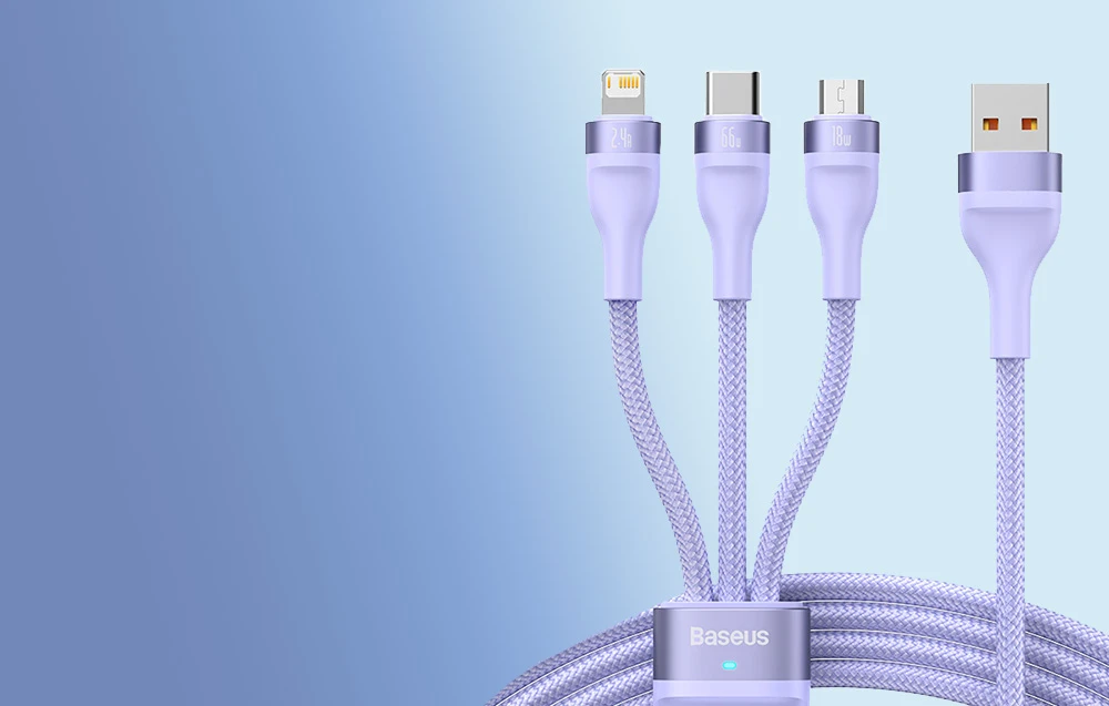 3in1 USB laidas Baseus Flash Series II, USB-C + mikro USB + Lightning, 66 W, 1.2 m (violetinė) aprašymas - Prekės nuotrauka 3in1 USB laidas Baseus Flash Series II, USB-C + mikro USB + Lightning, 66 W, 1.2 m (violetinė) aprašymas - Prekės nuotrauka