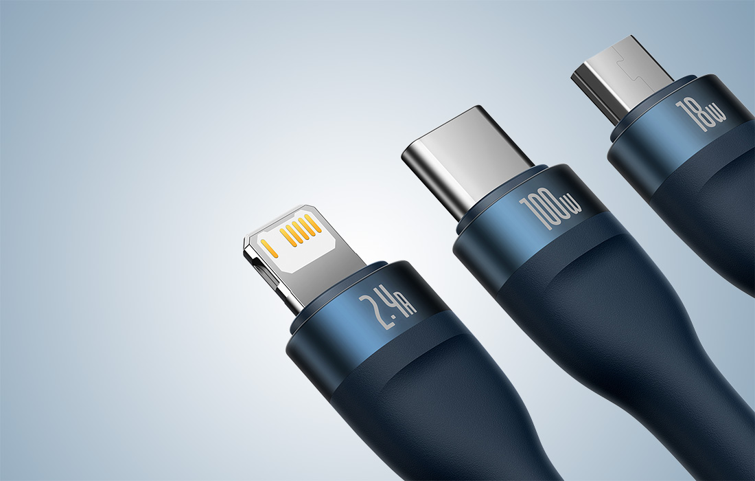 Baseus Flash Series 3in1 USB laidas USB-C + micro USB + Lightning 100W 1.2m - Mėlynas aprašymas - Prekės nuotrauka Baseus Flash Series 3in1 USB laidas USB-C + micro USB + Lightning 100W 1.2m - Mėlynas aprašymas - Prekės nuotrauka