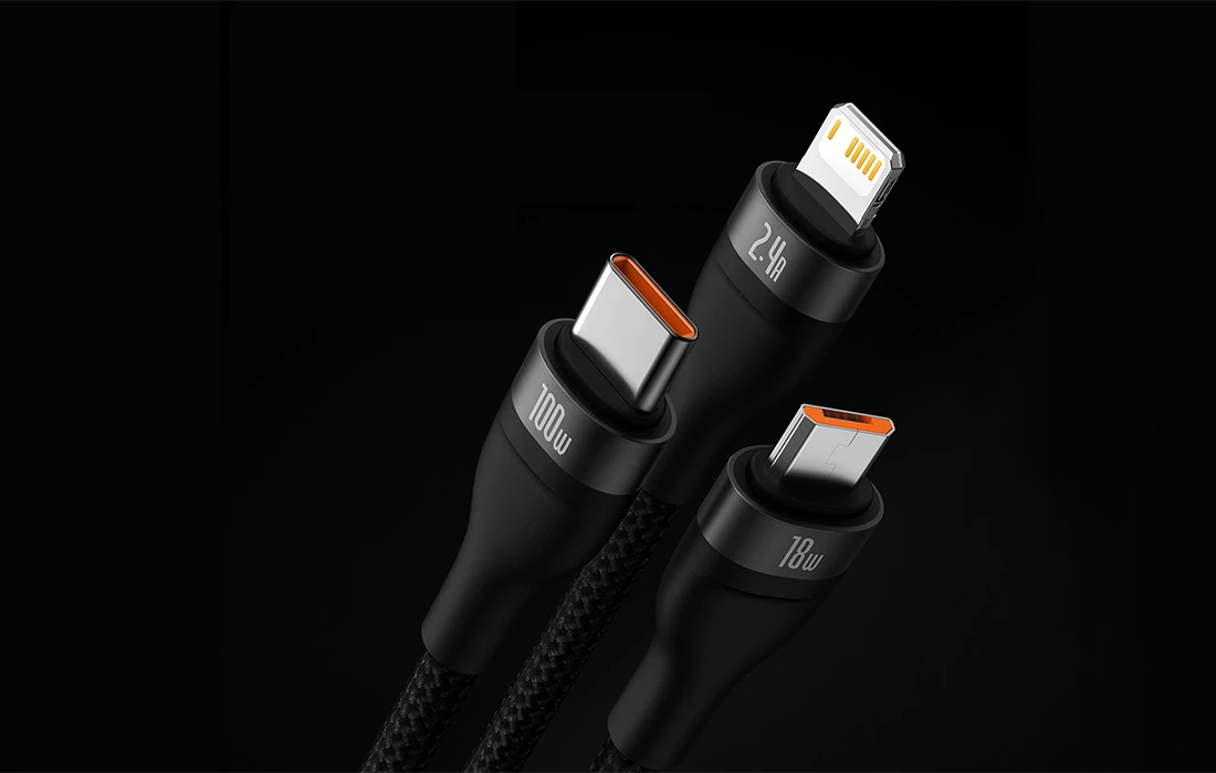 Baseus Flash Series 3in1 USB laidas USB-C + micro USB + Lightning 100W 1.2m – Juodas aprašymas - Prekės nuotrauka