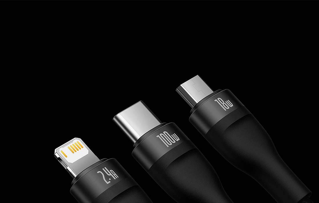 Baseus Flash Series 3in1 USB laidas USB-C + micro USB + Lightning 100W 1.2m – Juodas aprašymas - Prekės nuotrauka