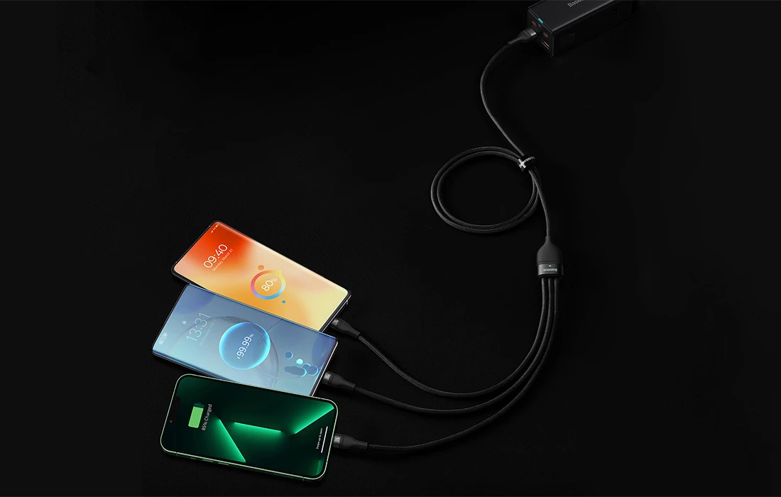 Baseus Flash Series 3in1 USB laidas USB-C + micro USB + Lightning 100W 1.2m – Juodas aprašymas - Prekės nuotrauka