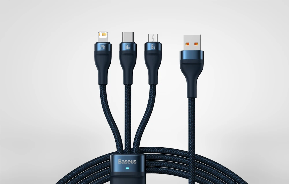 Baseus Flash 3 su 1-ben USB įkrovikliu, USB-C + Micro USB + Lightning 66 W, 1.2 m (kek) aprašymas - Prekės nuotrauka