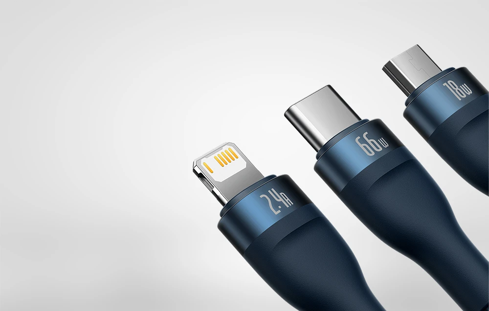 Baseus Flash 3 su 1-ben USB įkrovikliu, USB-C + Micro USB + Lightning 66 W, 1.2 m (kek) aprašymas - Prekės nuotrauka