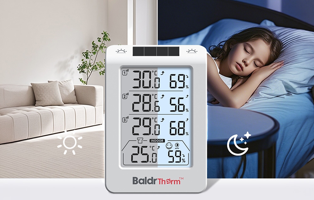 Rainpoint BALDRTHERM B0598 3-Channel Thermohygrometer with Automatic Backlight aprašymas - Prekės nuotrauka
