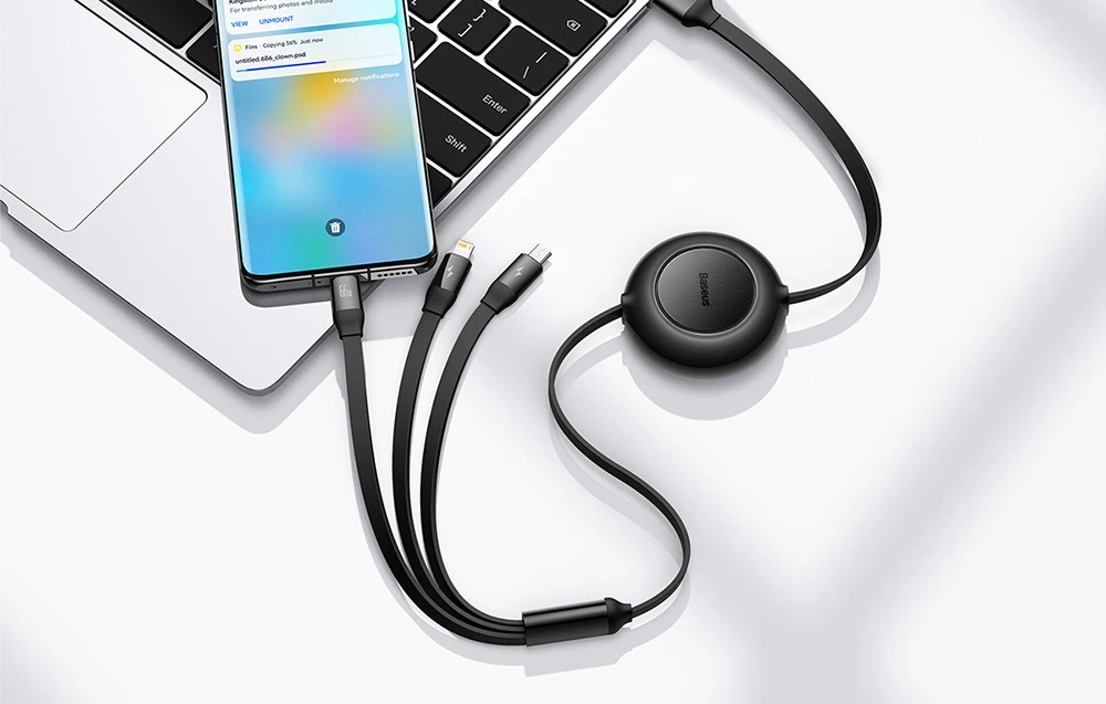 Baseus Bright Mirror 3 USB 3-in-1 kabelis skirtas micro USB USB-C Lightning 66W 2A 1,1m – Juodas aprašymas - Prekės nuotrauka
