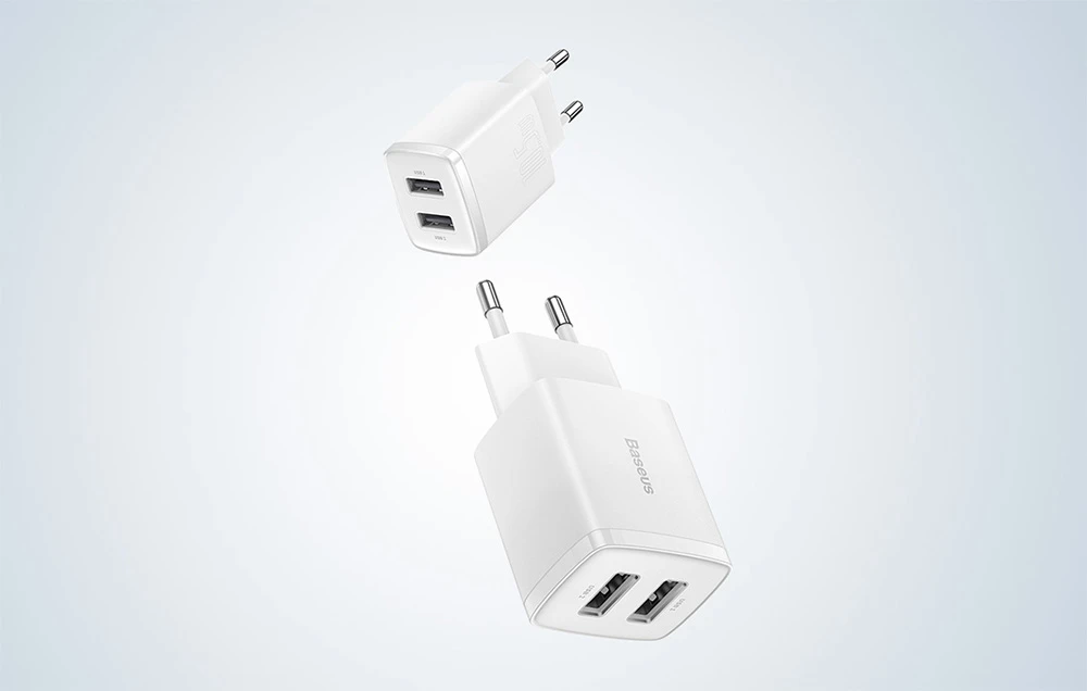 „Baseus“ kompaktiškas greitas įkroviklis, 2x USB, 10,5 W (baltas) aprašymas - Prekės nuotrauka „Baseus“ kompaktiškas greitas įkroviklis, 2x USB, 10,5 W (baltas) aprašymas - Prekės nuotrauka