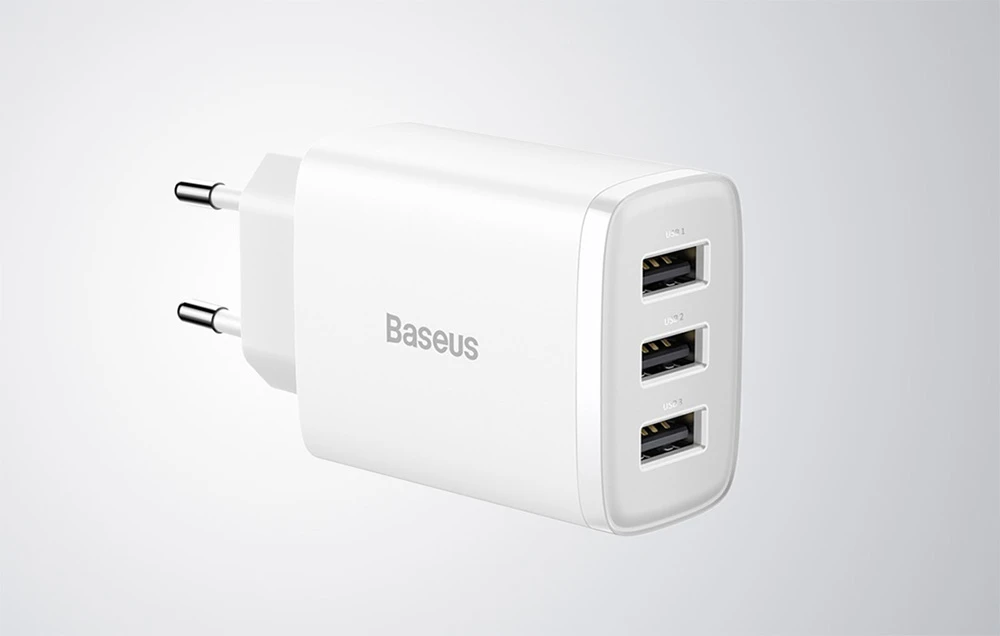 Baseus kompaktiškas greitas įkroviklis, 3x USB, 17W - baltas aprašymas - Prekės nuotrauka Baseus kompaktiškas greitas įkroviklis, 3x USB, 17W - baltas aprašymas - Prekės nuotrauka
