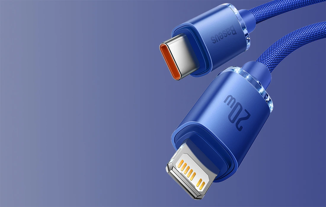 Baseus Crystal Shine kabelis USB-C į Lightning, 20W, PD, 2m mėlynos spalvos aprašymas - Prekės nuotrauka Baseus Crystal Shine kabelis USB-C į Lightning, 20W, PD, 2m mėlynos spalvos aprašymas - Prekės nuotrauka