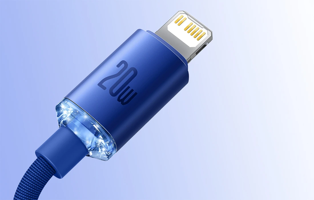 Baseus Crystal Shine kabelis USB-C į Lightning, 20W, PD, 2m mėlynos spalvos aprašymas - Prekės nuotrauka Baseus Crystal Shine kabelis USB-C į Lightning, 20W, PD, 2m mėlynos spalvos aprašymas - Prekės nuotrauka