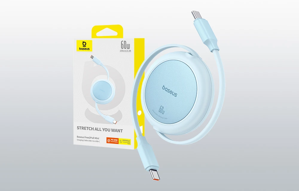 Baseus Free2Pull Mini USB-C į USB-C 60 W USB kabelis, 1m (mėlynas) aprašymas - Prekės nuotrauka