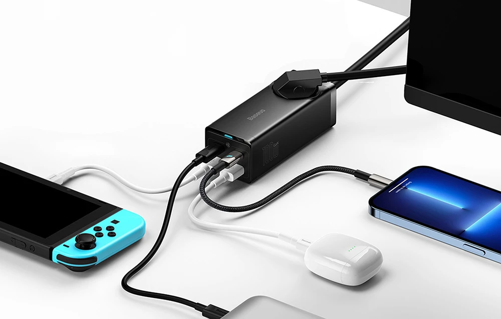 Baseus GaN3 Pro sieninis įkroviklis / maitinimo juosta 2xUSB + 2xUSB-C + AC 100W juodas aprašymas - Prekės nuotrauka Baseus GaN3 Pro sieninis įkroviklis / maitinimo juosta 2xUSB + 2xUSB-C + AC 100W juodas aprašymas - Prekės nuotrauka