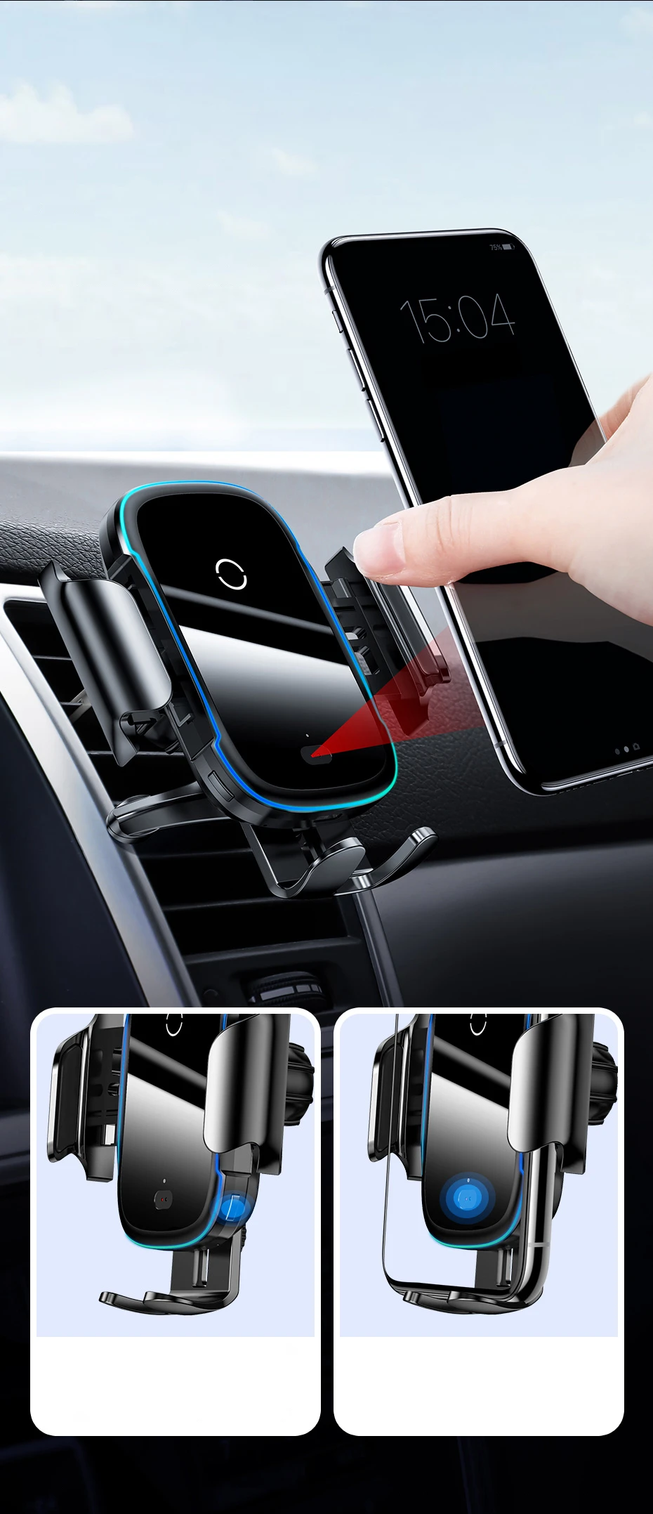 Baseus Light Electric Automobilinis laikiklis su Qi belaidžiu įkrovimu - Juodas aprašymas - Prekės nuotrauka Baseus Light Electric Automobilinis laikiklis su Qi belaidžiu įkrovimu - Juodas aprašymas - Prekės nuotrauka