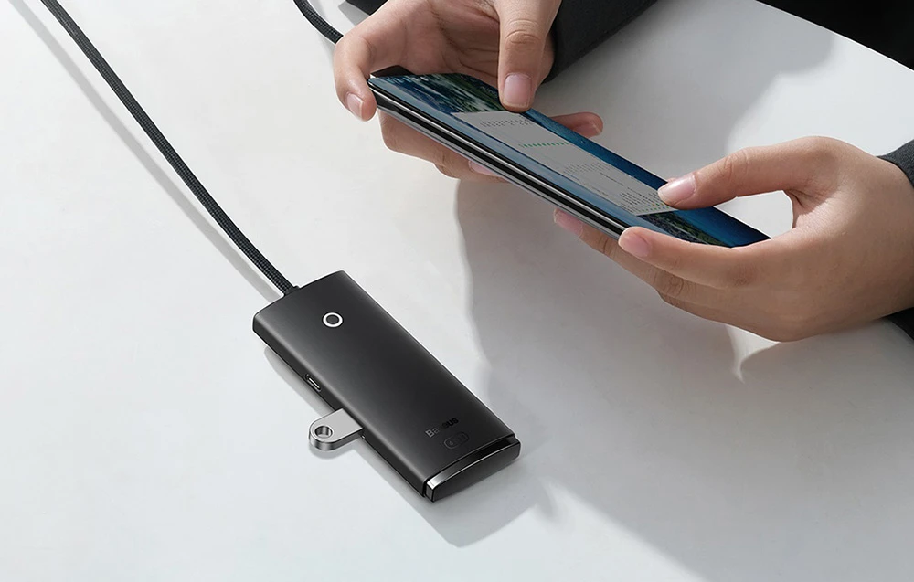 Baseus Lite serijos šakotuvas 4in1 USB-C - 4 x USB 3.0 + USB-C 1m – Juodas aprašymas - Prekės nuotrauka Baseus Lite serijos šakotuvas 4in1 USB-C - 4 x USB 3.0 + USB-C 1m – Juodas aprašymas - Prekės nuotrauka