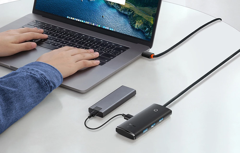 Baseus Lite serijos šakotuvas 4in1 USB-C - 4 x USB 3.0 + USB-C 1m – Juodas aprašymas - Prekės nuotrauka Baseus Lite serijos šakotuvas 4in1 USB-C - 4 x USB 3.0 + USB-C 1m – Juodas aprašymas - Prekės nuotrauka