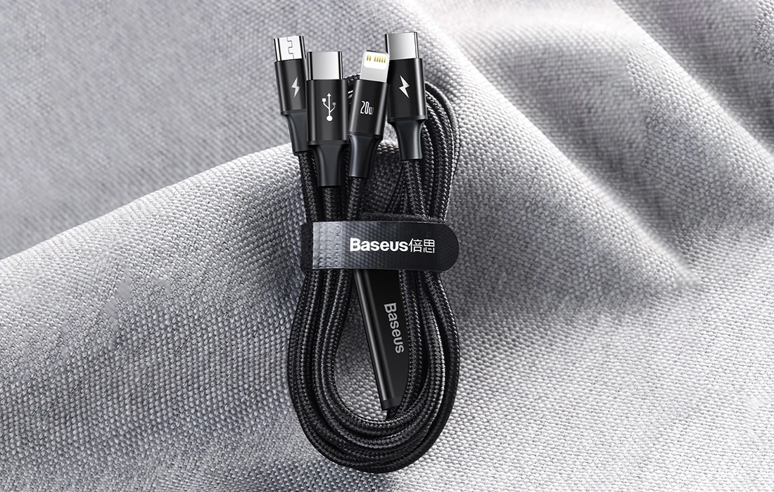 Kabelis USB C - 3 kištukai (USB C (iki 15W), micro USB (iki 10W), lightning (iki 20W)) 1.5m juodas Rapid BASEUS aprašymas - Prekės nuotrauka
