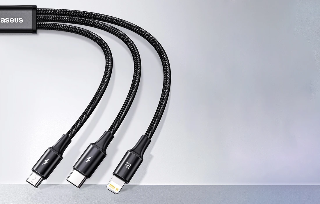 Kabelis USB C - 3 kištukai (USB C (iki 15W), micro USB (iki 10W), lightning (iki 20W)) 1.5m juodas Rapid BASEUS aprašymas - Prekės nuotrauka