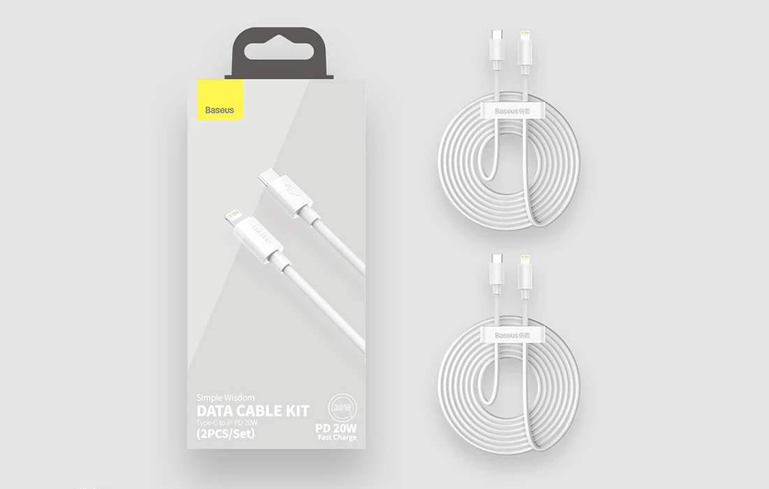 Baseus Simple Wisdom duomenų kabelio komplektas iš USB-C į Lightning PD 20W (2 Vnt), 1.5 m baltos spalvos aprašymas - Prekės nuotrauka