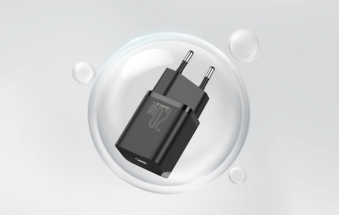 Baseus Sieninis įkroviklis Super Si 20W USB-C QC3.0 PD, juodas aprašymas - Prekės nuotrauka Baseus Sieninis įkroviklis Super Si 20W USB-C QC3.0 PD, juodas aprašymas - Prekės nuotrauka